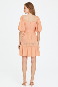 Square Neck Puffy Sleeve Lace Trimmed Belted Dress in Coral