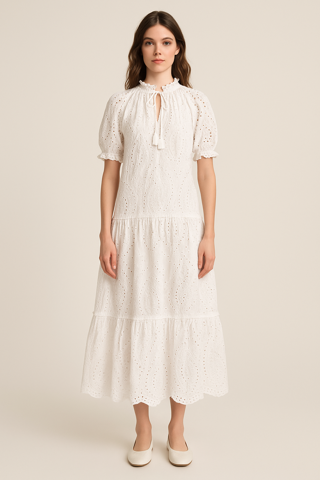 Hippie Ruffle Drawstring High-neck Cotton Tiered Dress in White