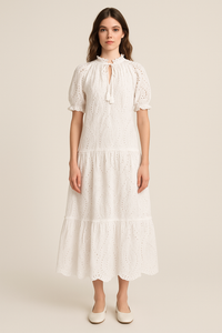 Hippie Ruffle Drawstring High-neck Cotton Tiered Dress in White