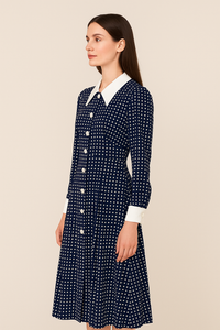 SJP Inspired Navy Button-Down Polka Dot Midi Shirt Dress
