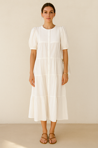 Pintuck Front Bubble Short Sleeve Pure Cotton Shirt Tiered Dress in White