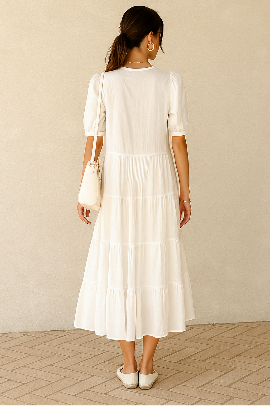 L’Or　Design Pin tuck Tiered Dress Pintuck Front Bubble Short Sleeve Pure Cotton Shirt Tiered