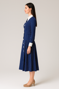 SJP Inspired Navy Button-Down Polka Dot Midi Shirt Dress