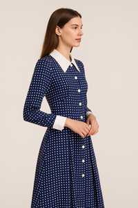 SJP Inspired Navy Button-Down Polka Dot Midi Shirt Dress