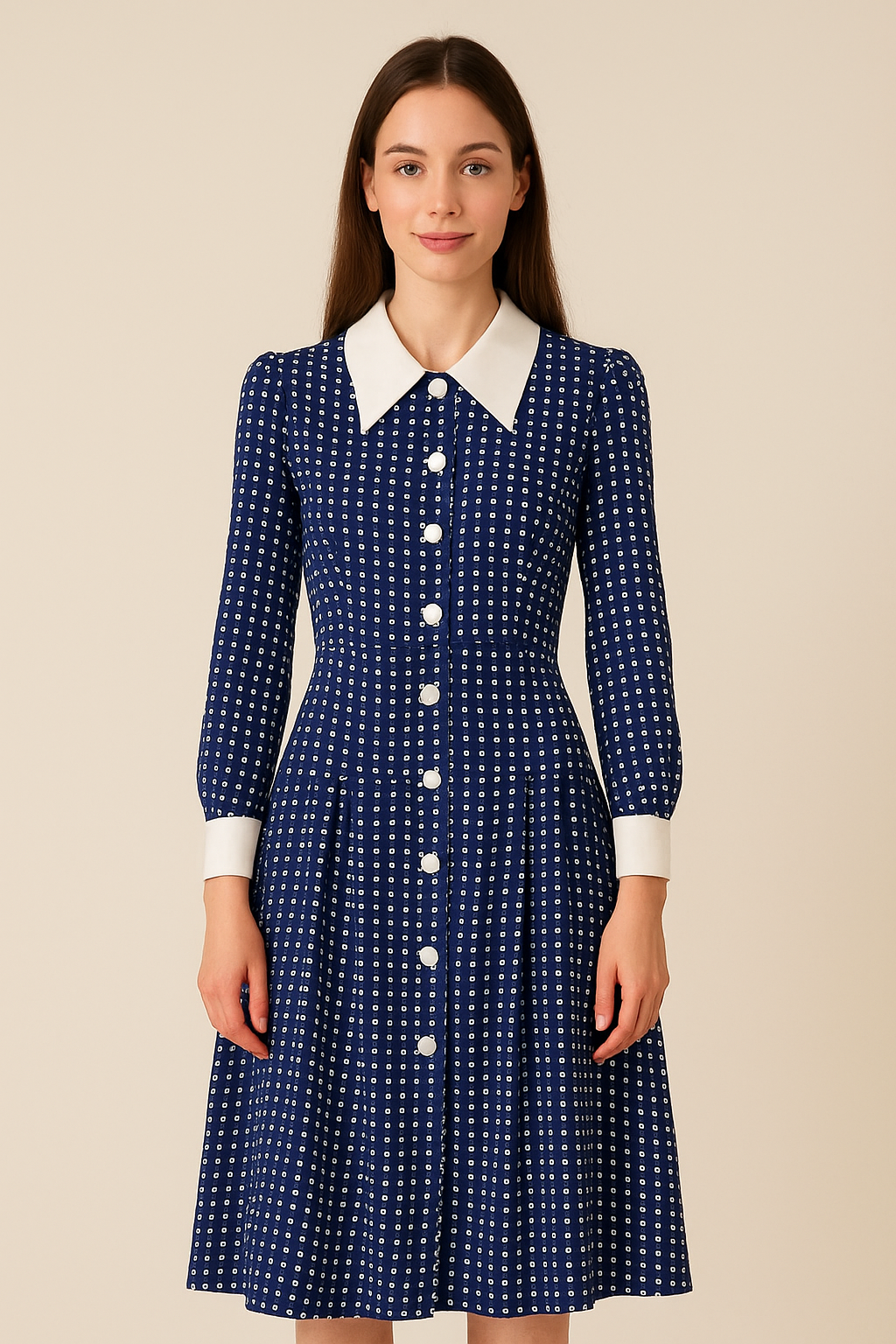 SJP Inspired Navy Button-Down Polka Dot Midi Shirt Dress