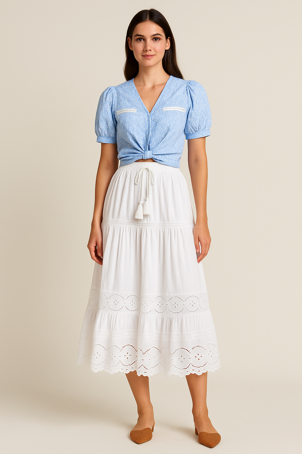 Elastic Waist Embroidered Eyelet Cotton Tiered Skirt in White