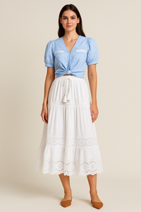 Elastic Waist Embroidered Eyelet Cotton Tiered Skirt in White