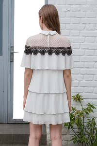 Pussy-bow Pleated Gazar & Guipure Lace Cape Mini Dress
