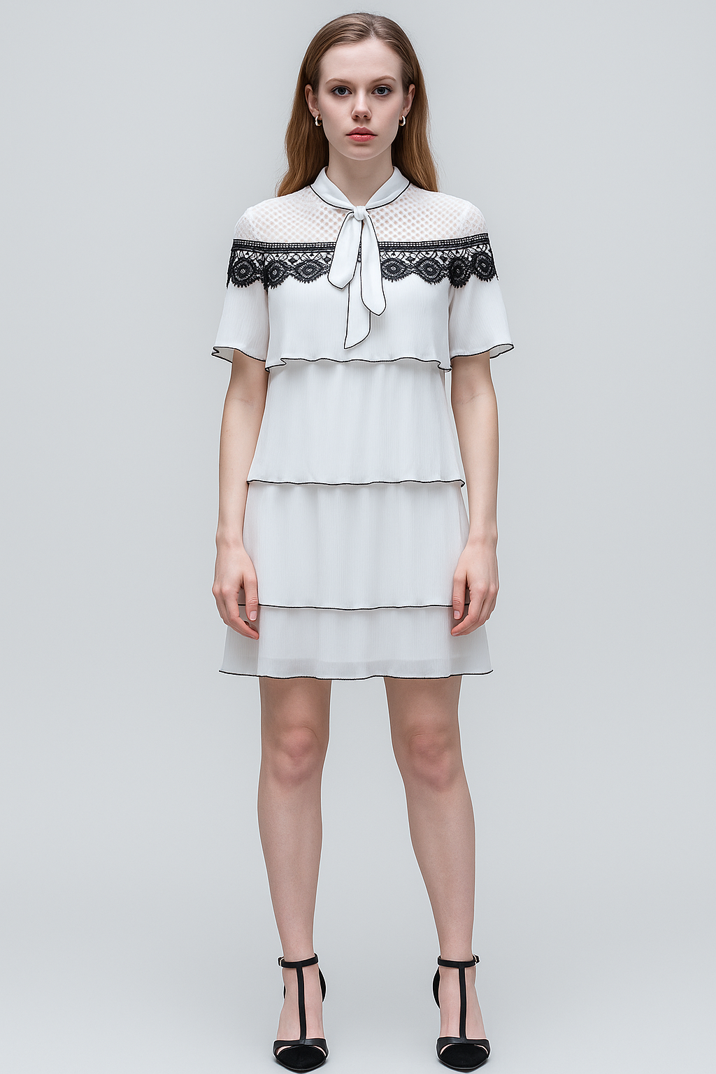 Pussy-bow Pleated Gazar & Guipure Lace Cape Mini Dress