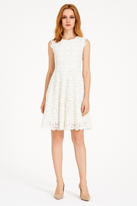 Designer White Sleeveless High Neck V-Back Crochet A Line Dress