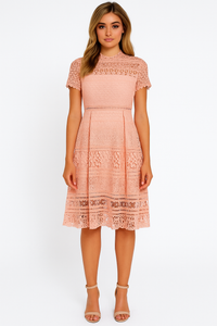 Short Sleeve Cotton Crochet Skater Dress in Rose Pink