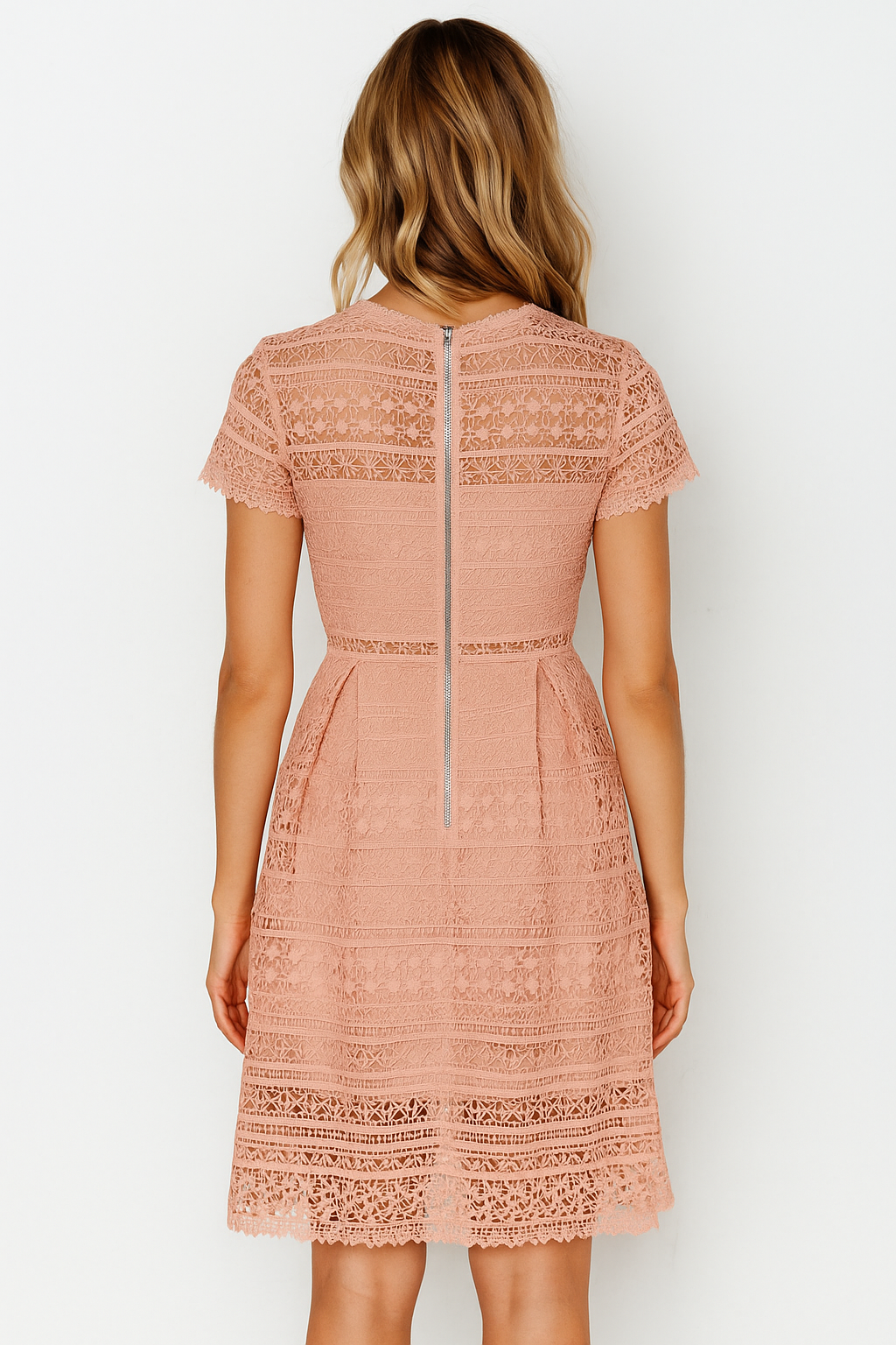 Short Sleeve Cotton Crochet Skater Dress in Rose Pink