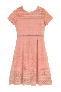 Short Sleeve Cotton Crochet Skater Dress in Rose Pink