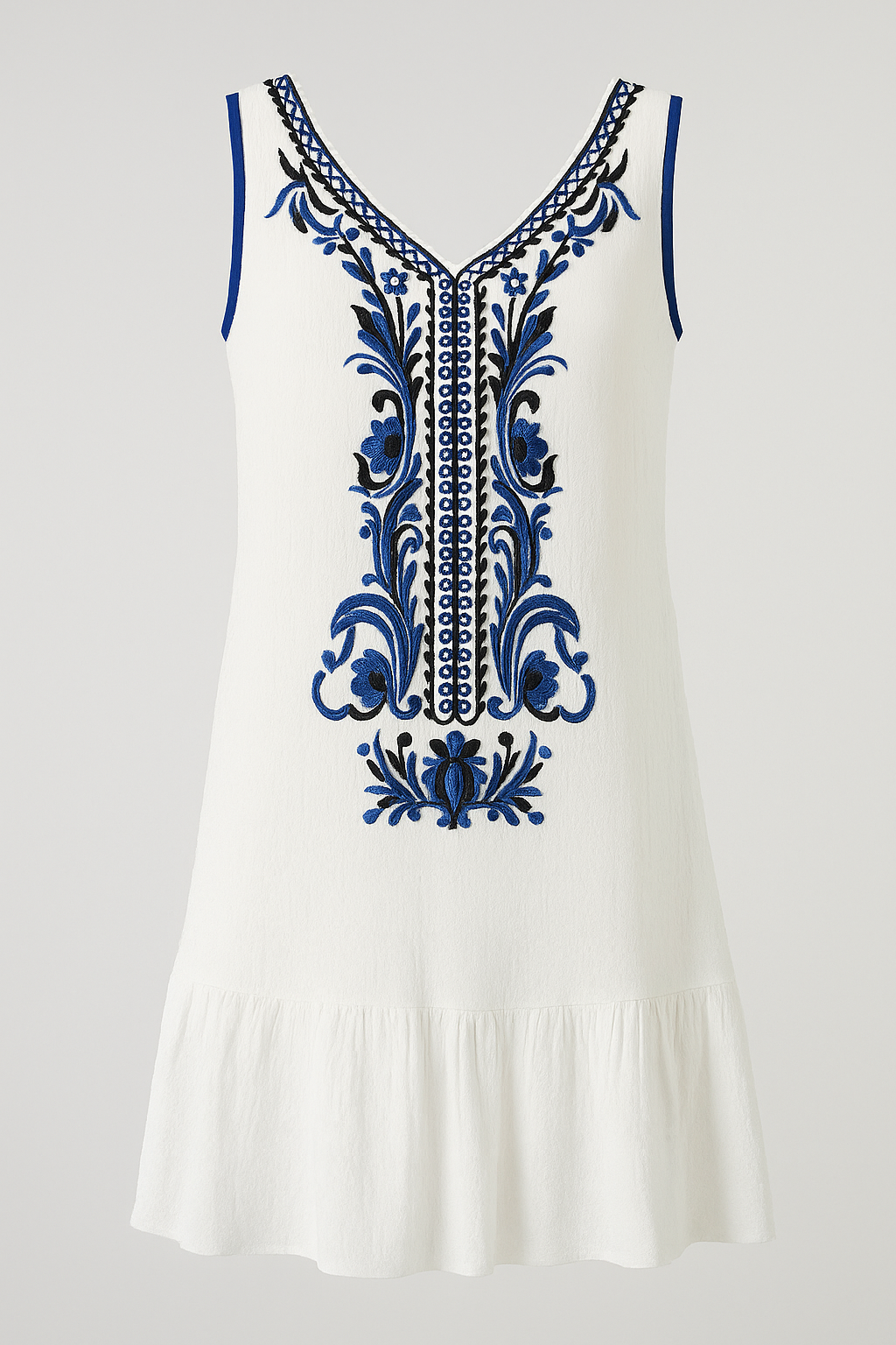Sleeveless V-neck Cotton Linen Embellished Mini Dress in White