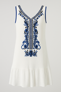 Sleeveless V-neck Cotton Linen Embellished Mini Dress in White
