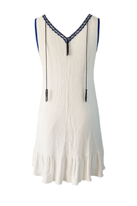 Sleeveless V-neck Cotton Linen Embellished Mini Dress in White