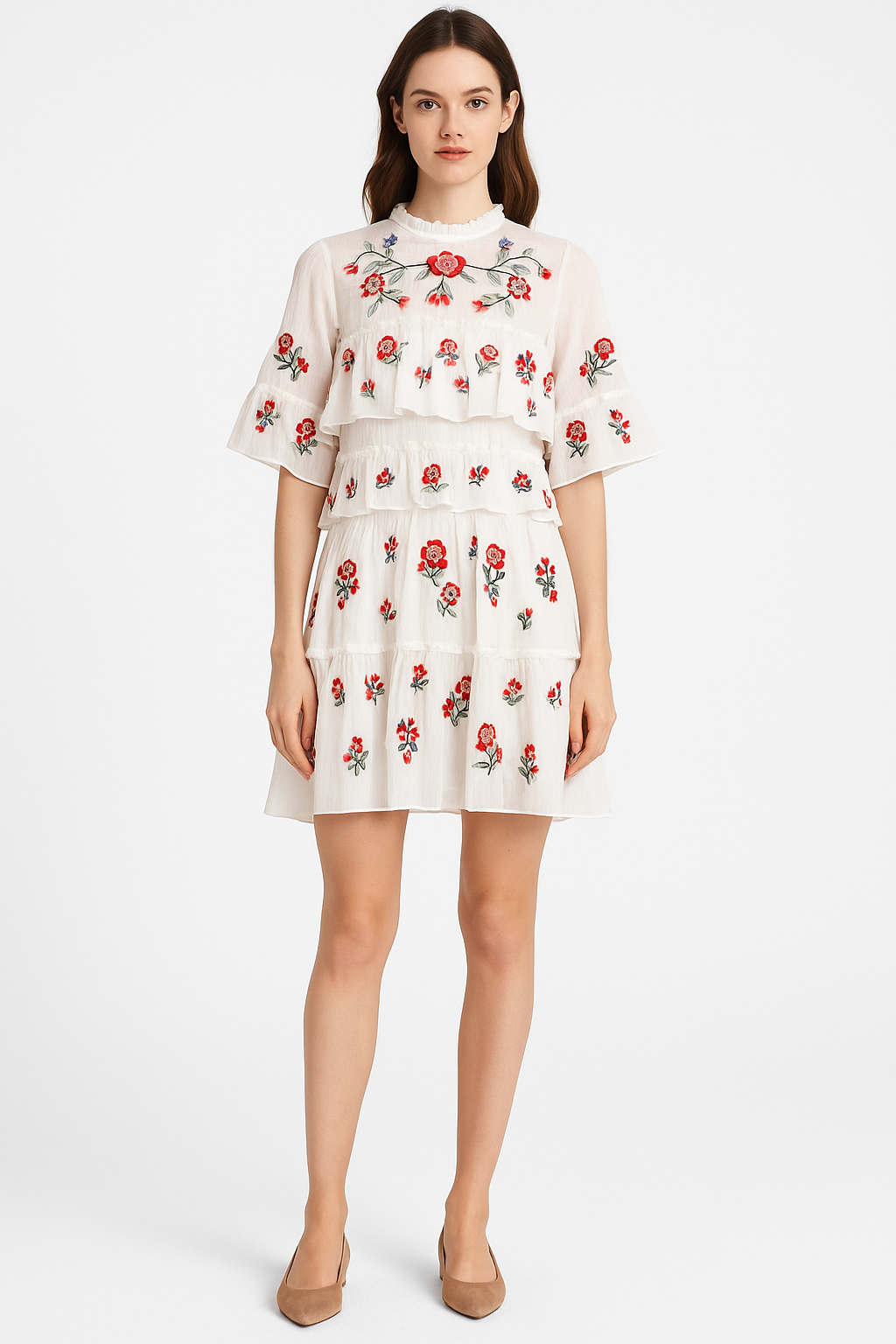 Floral Embroidered Tiered Mesh Shift Dress
