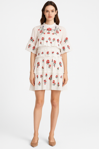 Floral Embroidered Tiered Mesh Shift Dress