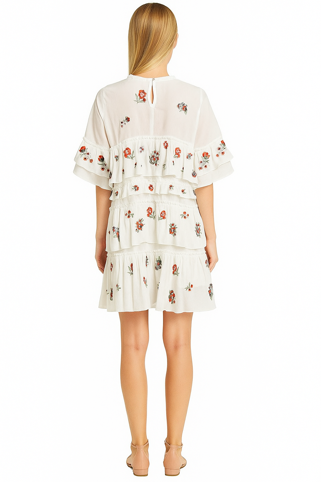 Floral Embroidered Tiered Mesh Shift Dress