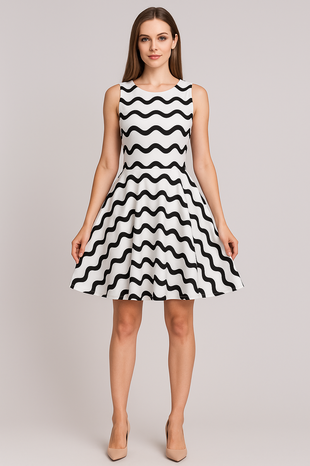 Sleeveless Striped Fit-And-Flare Skater Dress in Black/White