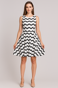 Sleeveless Striped Fit-And-Flare Skater Dress in Black/White