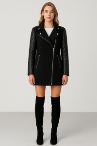 Vanessa Quilted Sleeve Panel Wool Coat in Black