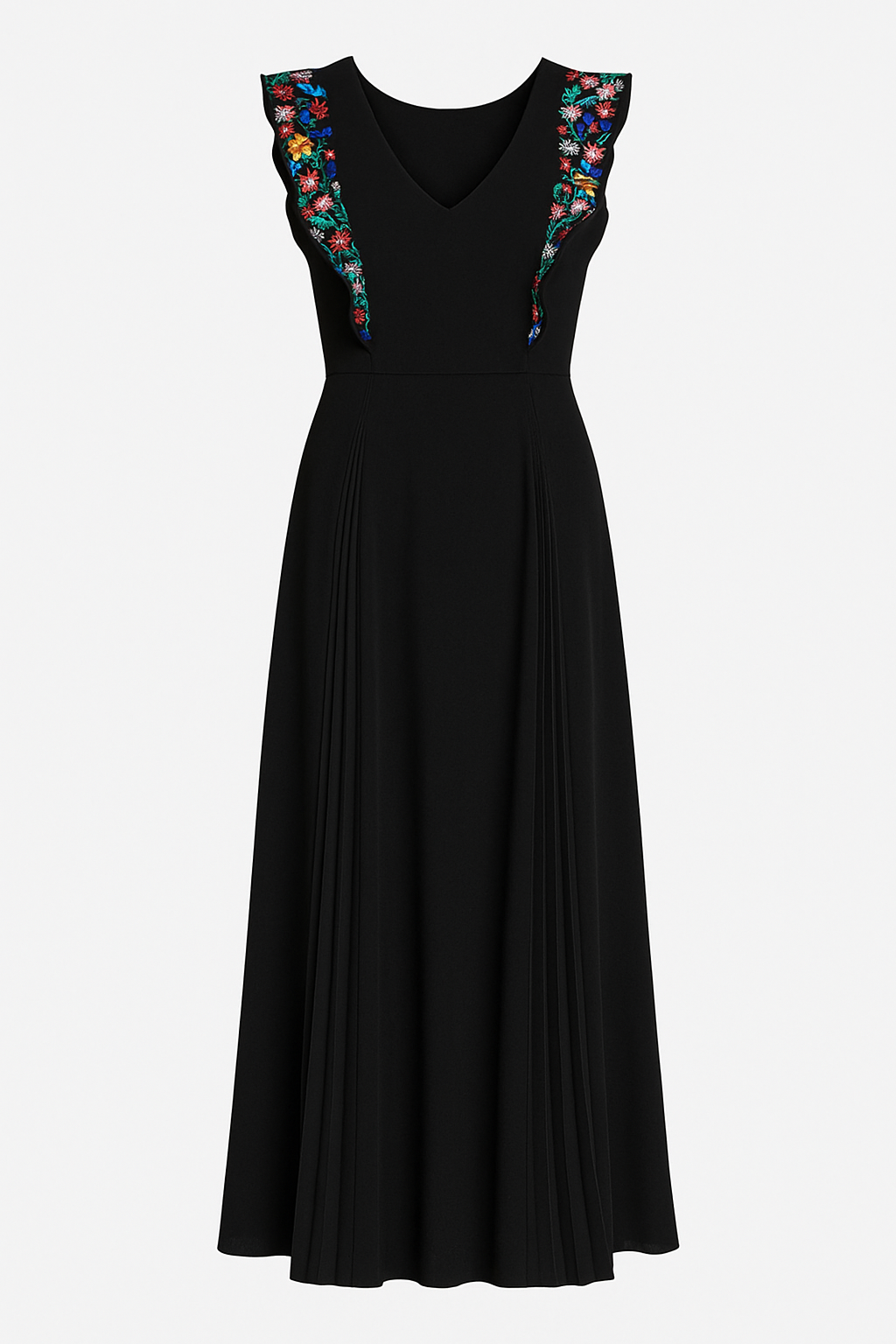 Naomi Floral Embroidered Plunging Neck Calf-length Dress