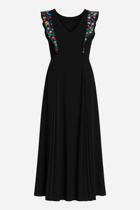Naomi Floral Embroidered Plunging Neck Calf-length Dress