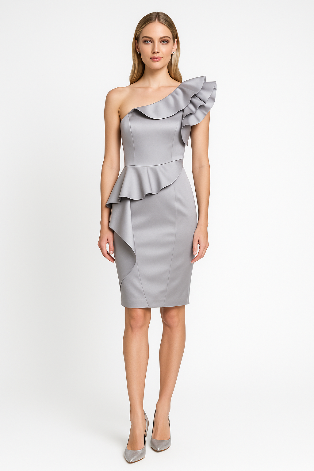 Curvaceous Satin One Shoulder Dress in Silver