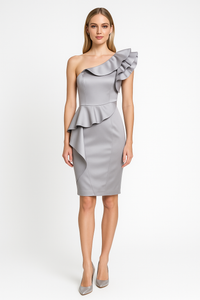 Curvaceous Satin One Shoulder Dress in Silver