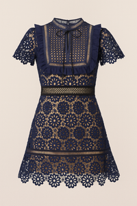 Floral Daisy Crochet Lace Mini Dress in Navy
