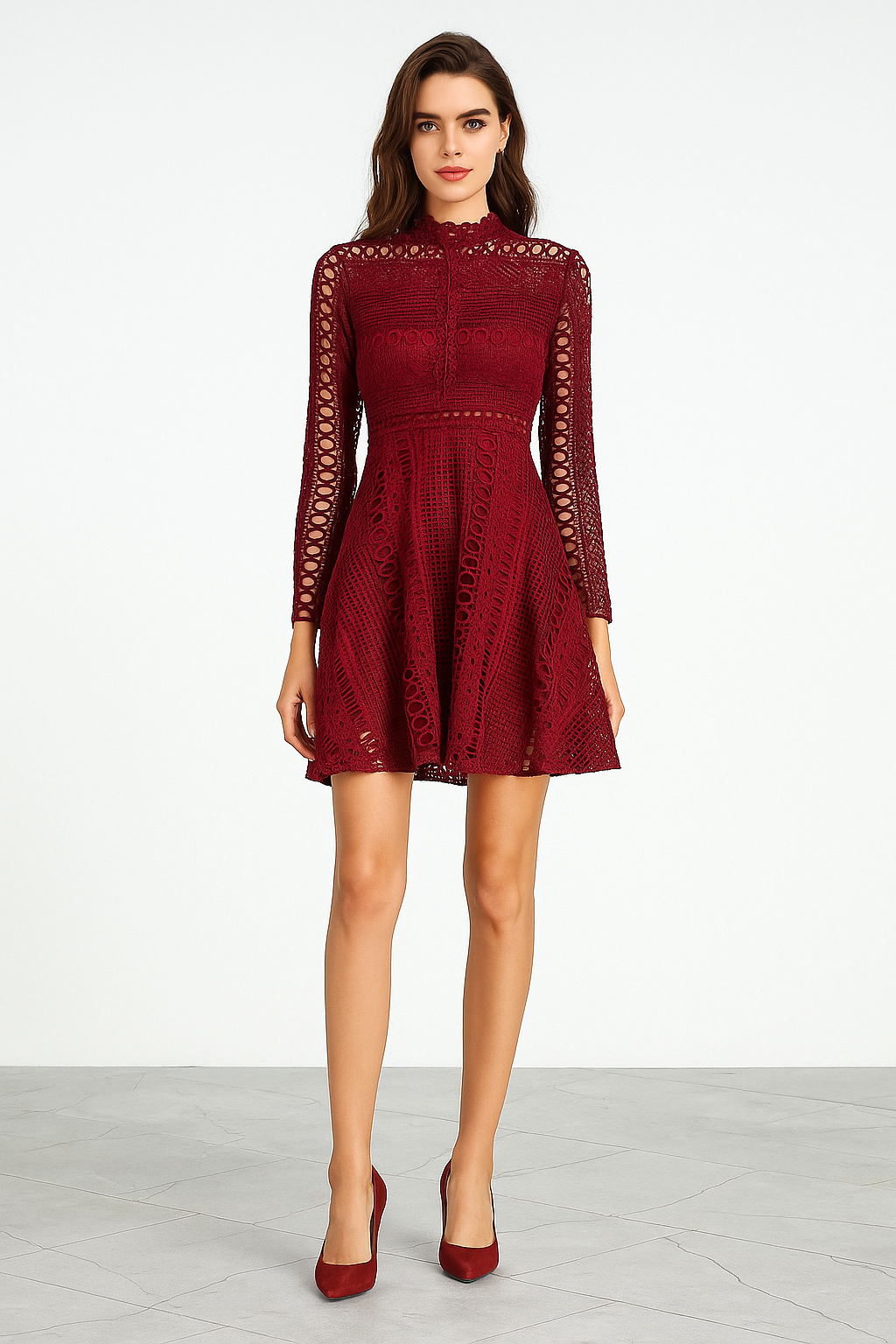 High Neck Crochet Lace Skater Dress - Burgundy