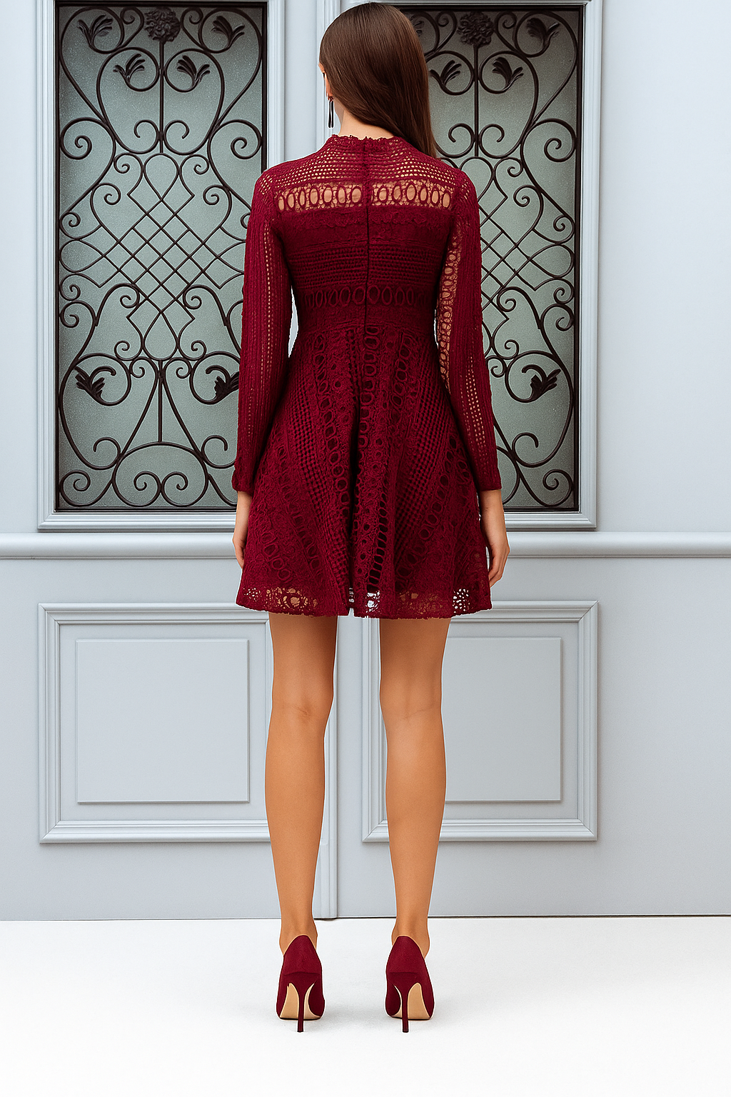 High Neck Crochet Lace Skater Dress - Burgundy