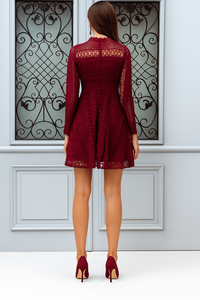 High Neck Crochet Lace Skater Dress - Burgundy