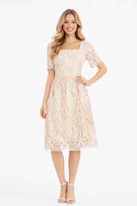Square Neck Puffy Sleeve Eyelet Flared Midi Dress in Beige