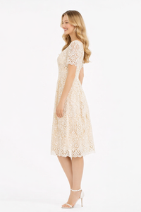 Square Neck Puffy Sleeve Eyelet Flared Midi Dress in Beige