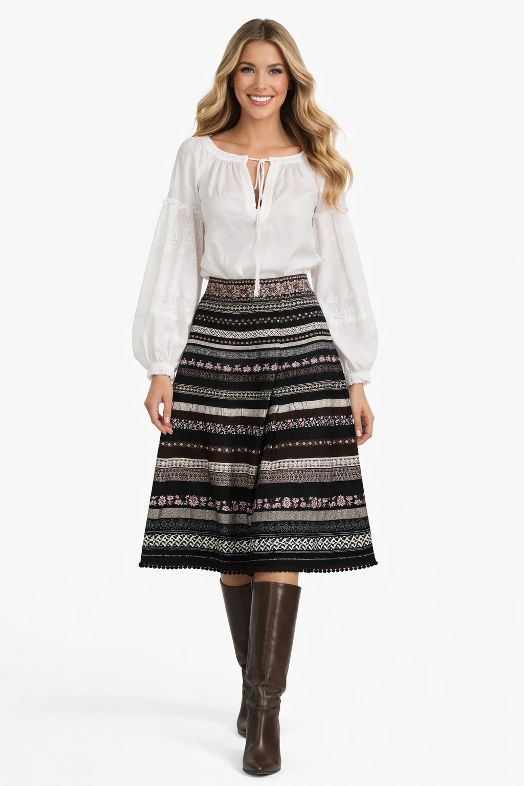 Peasant Embroidered White Blouse & High Waisted Pom Pom Skirt