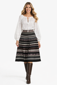 Peasant Embroidered White Blouse & High Waisted Pom Pom Skirt