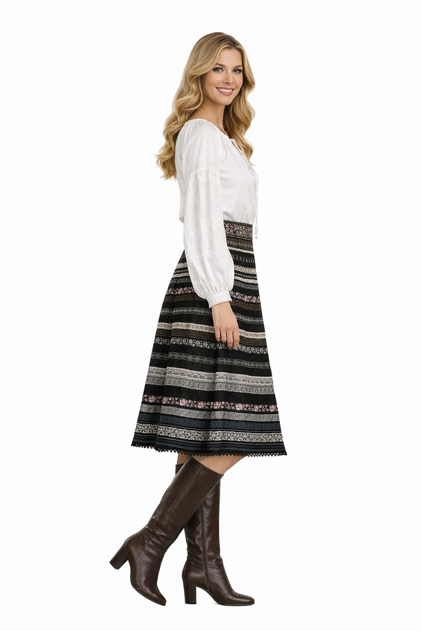 Peasant Embroidered White Blouse & High Waisted Pom Pom Skirt