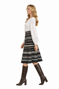 Peasant Embroidered White Blouse & High Waisted Pom Pom Skirt