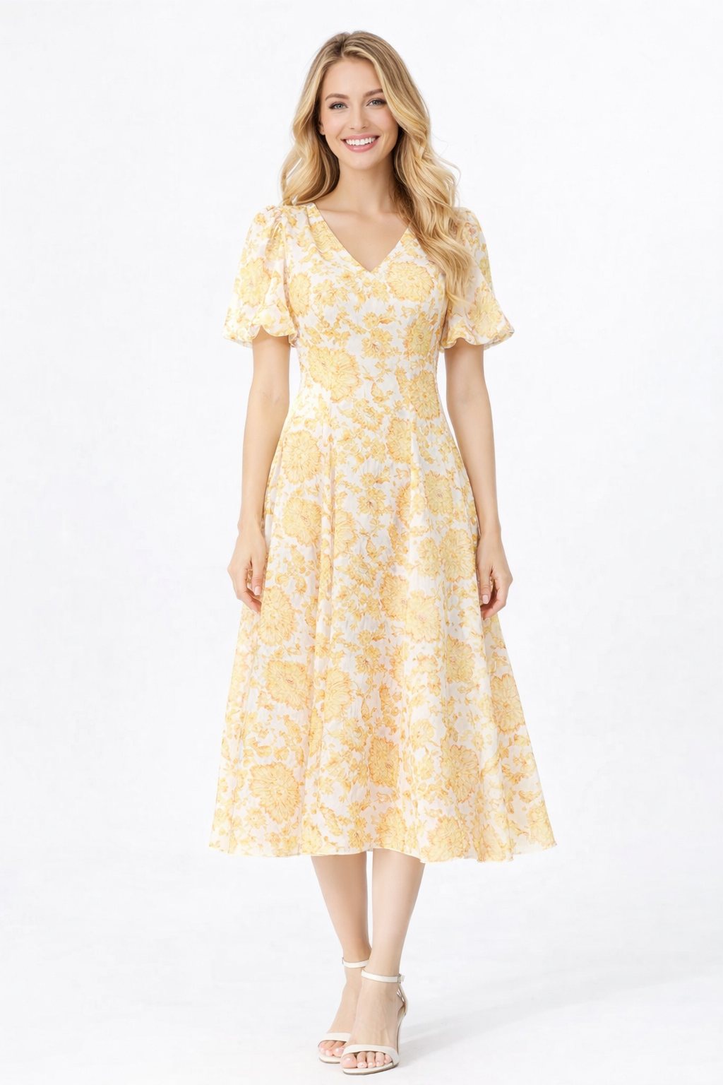 Floral Print V-neck Bubble Sleeve Silk Flared Dress