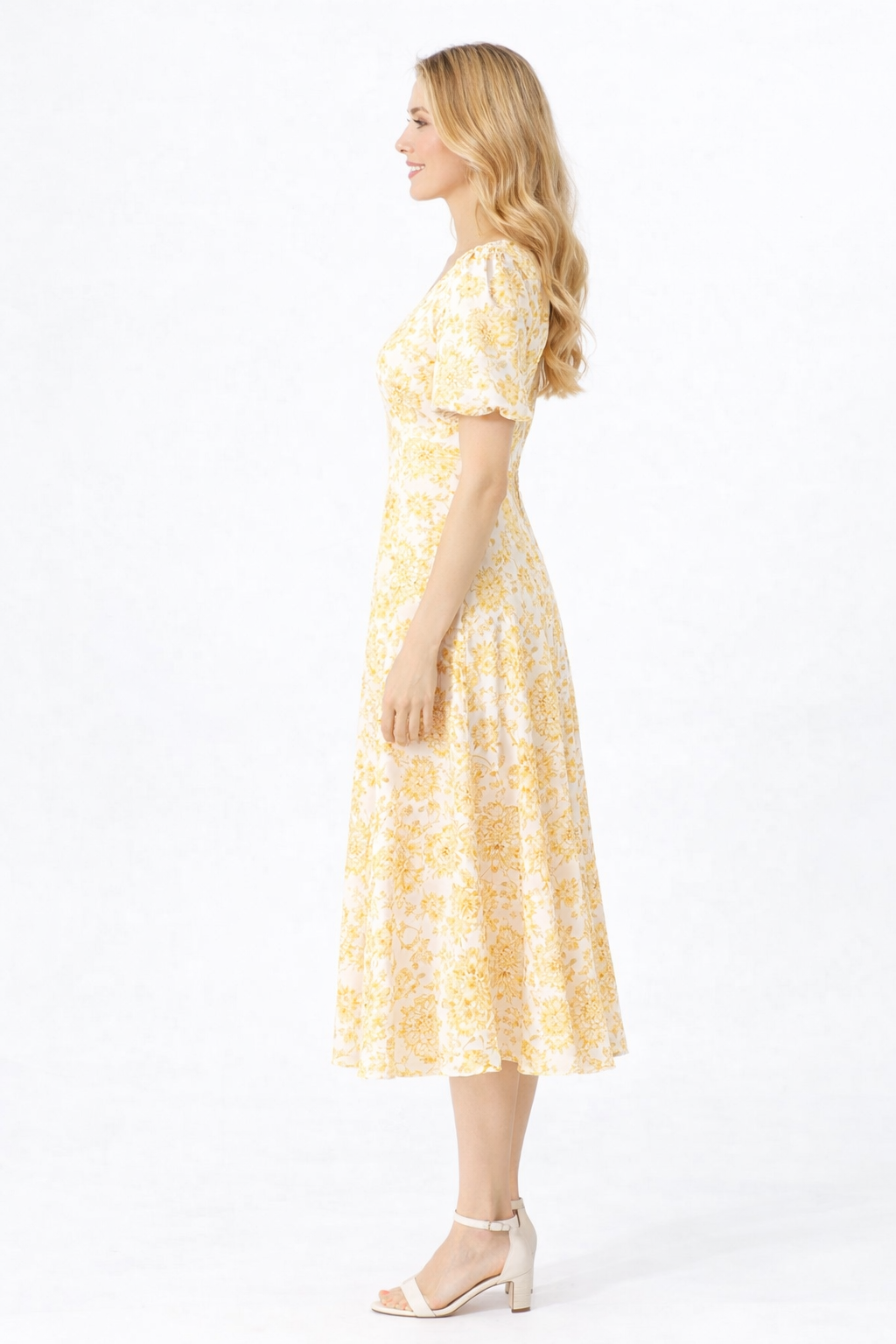 Floral Print V-neck Bubble Sleeve Silk Flared Dress