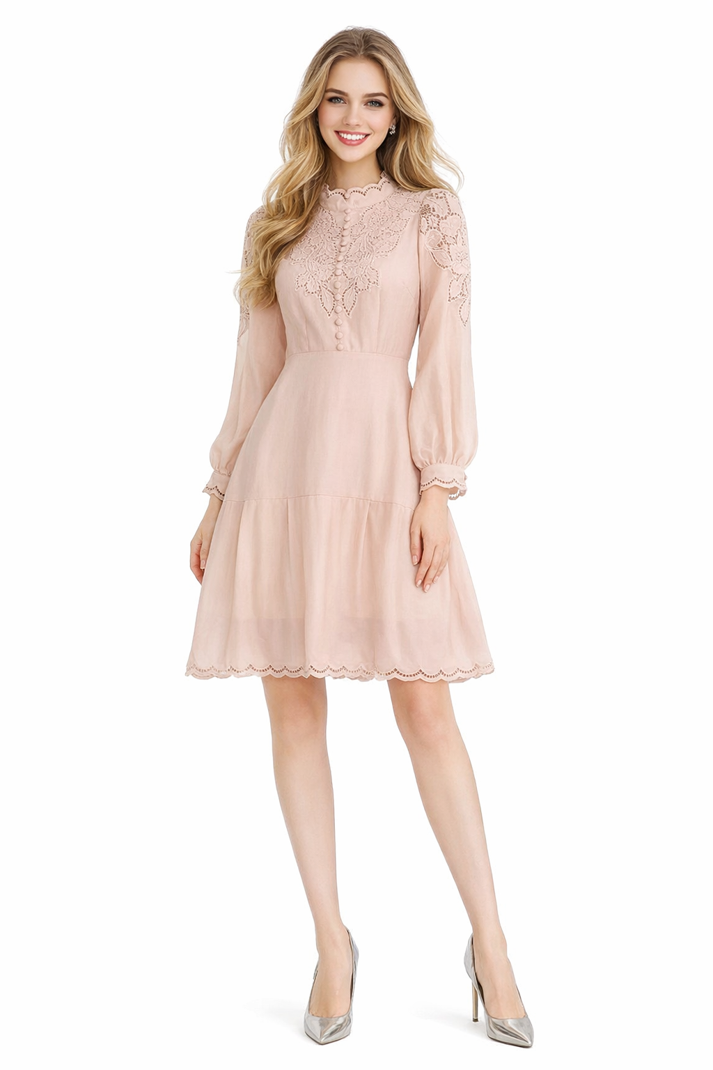 Stand-up Collar Embroidered Eyelet Knee-length Dress