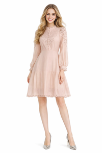 Stand-up Collar Embroidered Eyelet Knee-length Dress