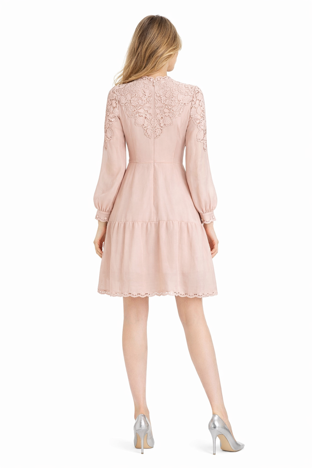 Stand-up Collar Embroidered Eyelet Knee-length Dress