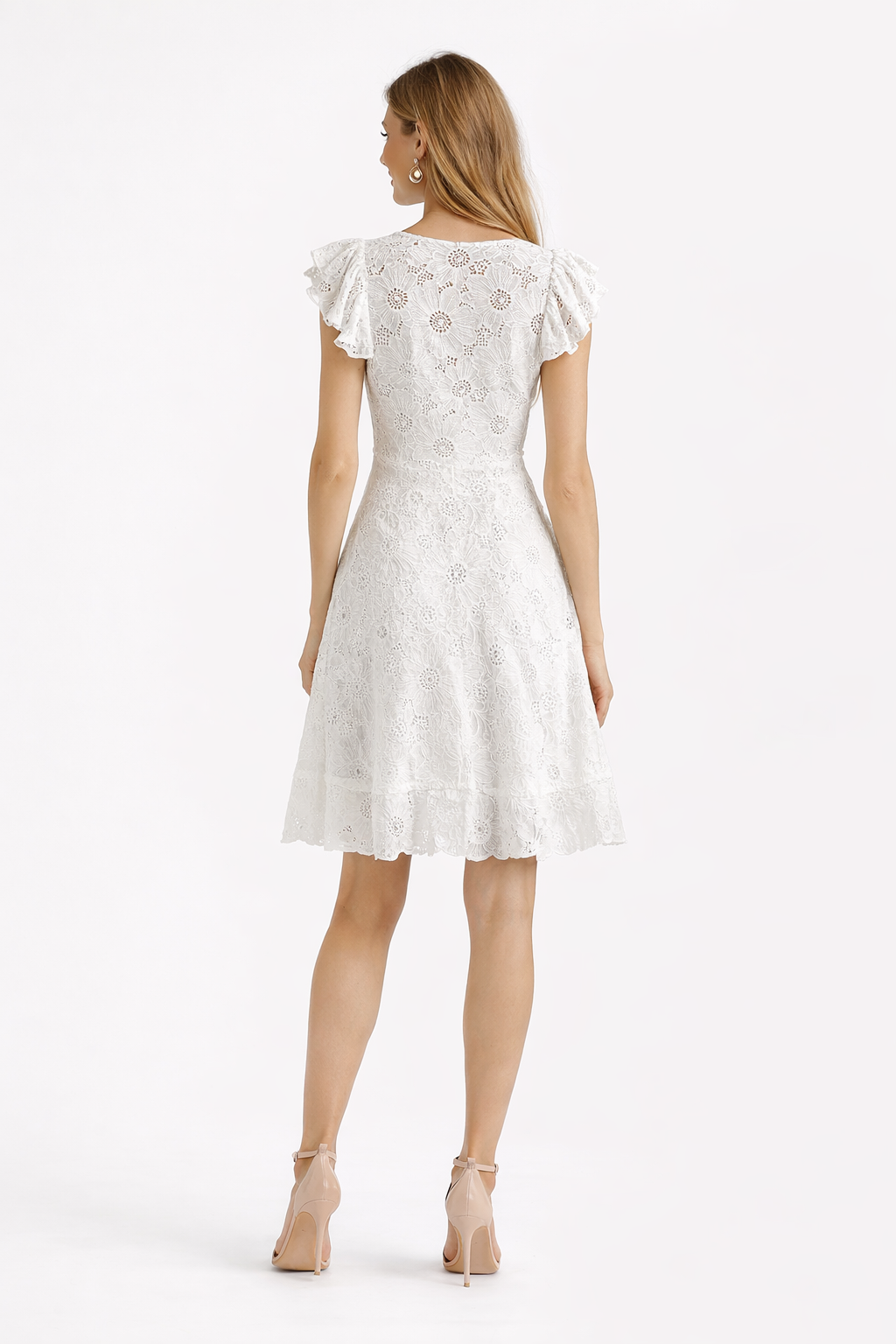 Ruffle Sleeve Embroidery Fit-and-Flare Dress in White