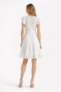 Ruffle Sleeve Embroidery Fit-and-Flare Dress in White