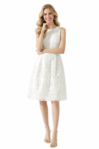 Floral Lace Eyelet Fit-and-Flare Midi Dress in White