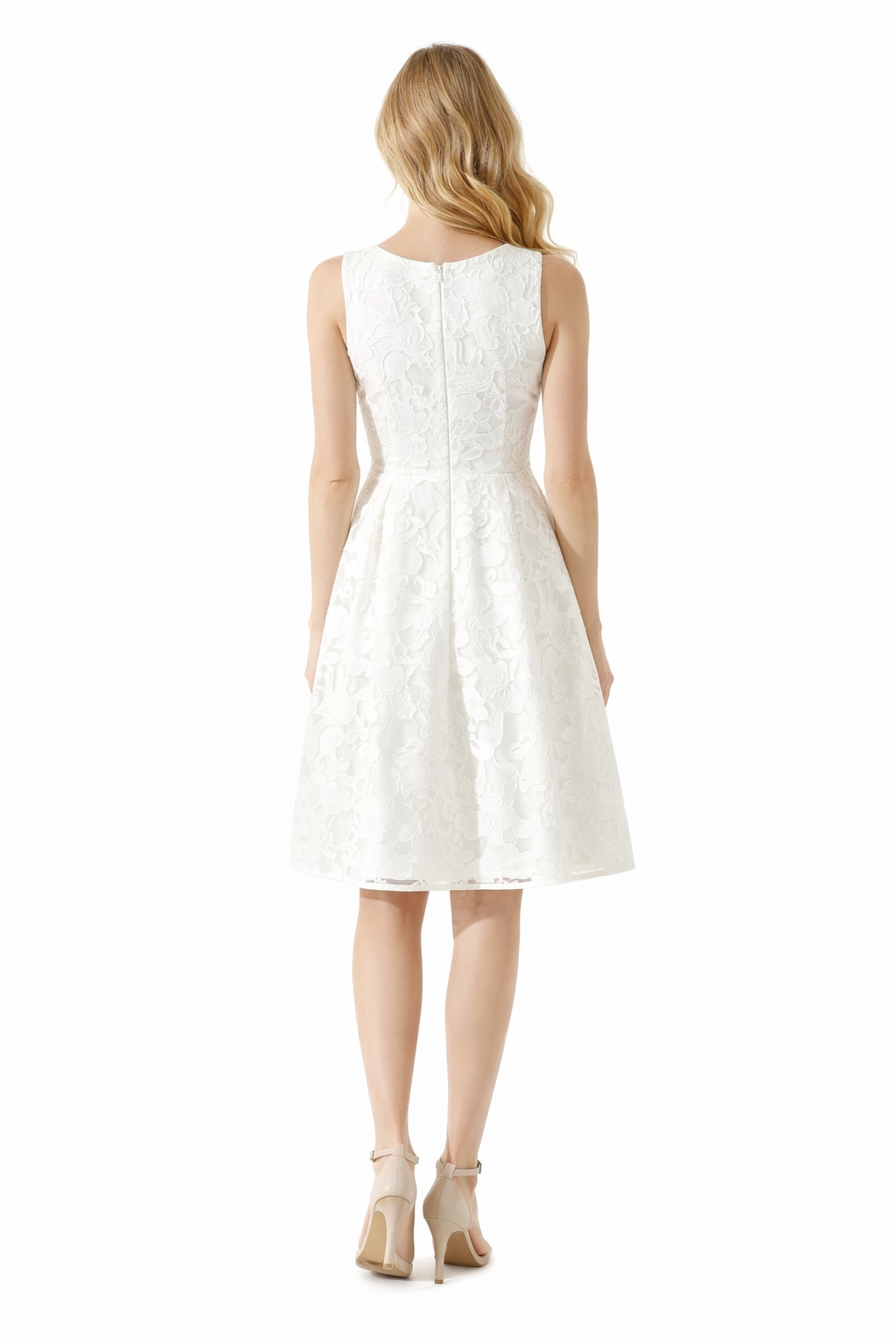 Floral Lace Eyelet Fit-and-Flare Midi Dress in White