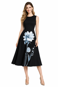 Sleeveless Floral Empire Waist Fit-and-Flare Midi Dress